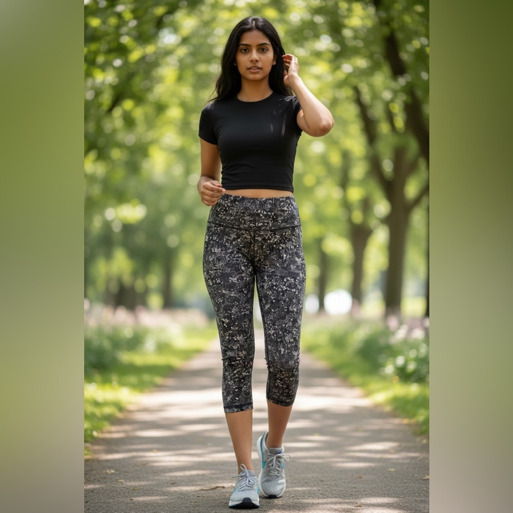 Lululemon Wunder Under HR Cropped 21.5” Leggings Black w/ Pink & Gray size 6